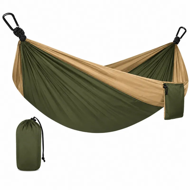 Hamak nylonowy 250x140 cm oliwkowo-beżowy ze stalowymi karabińczykami