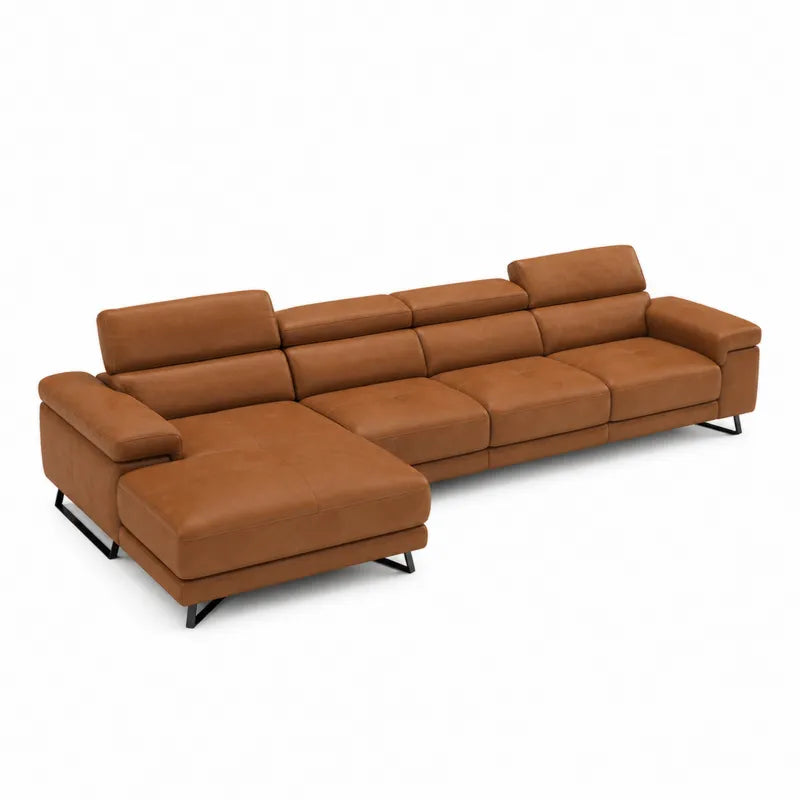 Skórzana narożna sofa z regulowanymi zagłówkami brązowa
