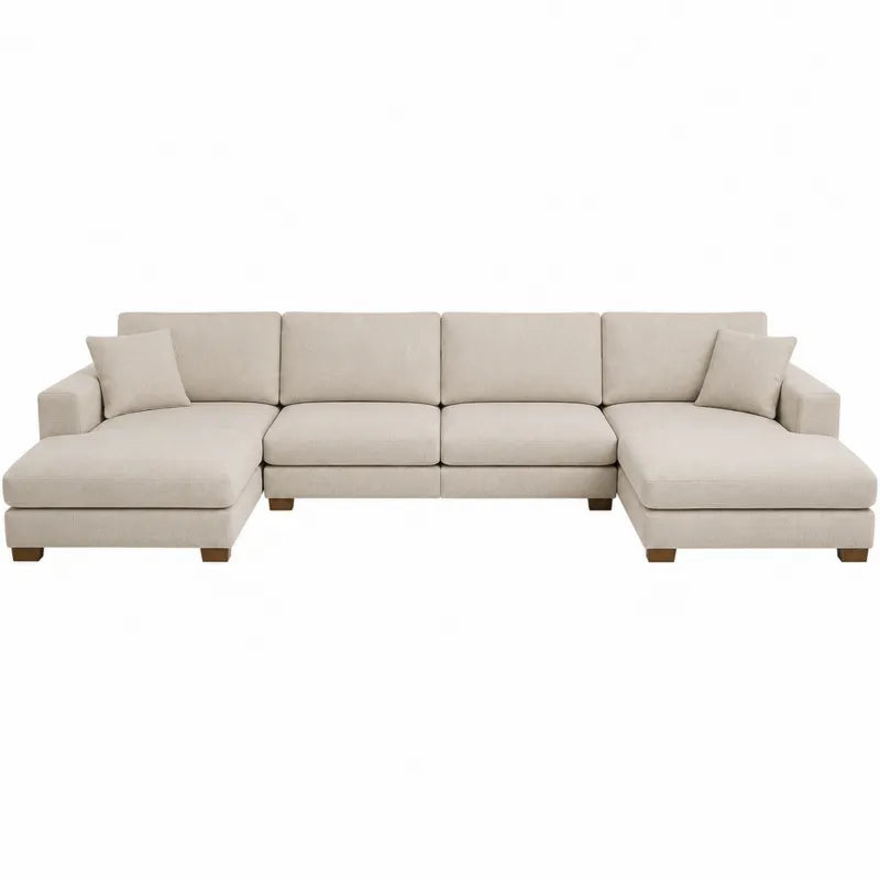 Sofa narożna z tkaniny lnianej z poduszkami beżowa